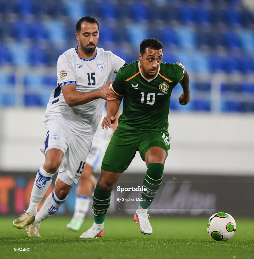 4 October 2026; Adam Idah of Republic of Ireland holds off the challenge of Eliel Peretz of Israel during the UEFA Nations League B match between the Republic of Ireland and Israel at TSC Arena in Backa Topola, Serbia. Photo by Stephen McCarthy/Sportsfile