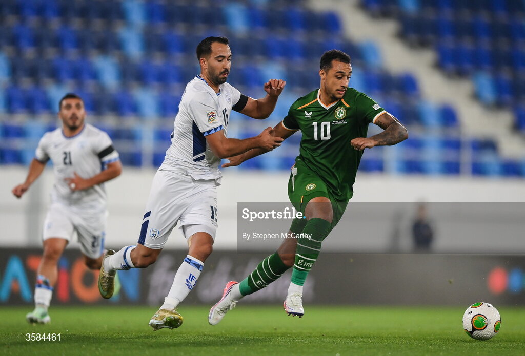 4 October 2026; Adam Idah of Republic of Ireland holds off the challenge of Eliel Peretz of Israel during the UEFA Nations League B match between the Republic of Ireland and Israel at TSC Arena in Backa Topola, Serbia. Photo by Stephen McCarthy/Sportsfile