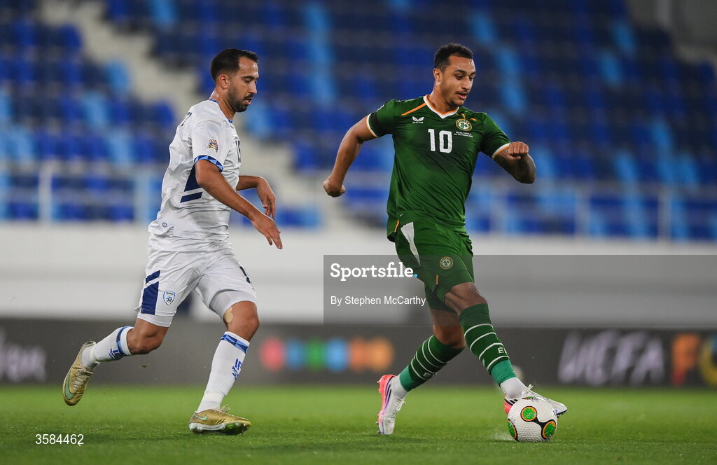 4 October 2026; Adam Idah of Republic of Ireland holds off the challenge of Eliel Peretz of Israel during the UEFA Nations League B match between the Republic of Ireland and Israel at TSC Arena in Backa Topola, Serbia. Photo by Stephen McCarthy/Sportsfile