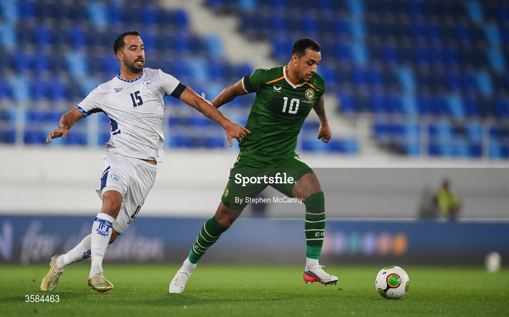 4 October 2026; Adam Idah of Republic of Ireland holds off the challenge of Eliel Peretz of Israel during the UEFA Nations League B match between the Republic of Ireland and Israel at TSC Arena in Backa Topola, Serbia. Photo by Stephen McCarthy/Sportsfile