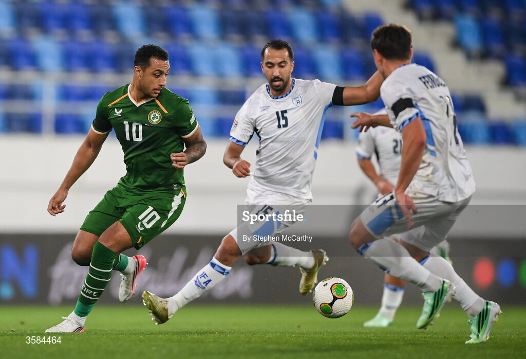 4 October 2026; Adam Idah of Republic of Ireland in action against Eliel Peretz of Israel during the UEFA Nations League B match between the Republic of Ireland and Israel at TSC Arena in Backa Topola, Serbia. Photo by Stephen McCarthy/Sportsfile