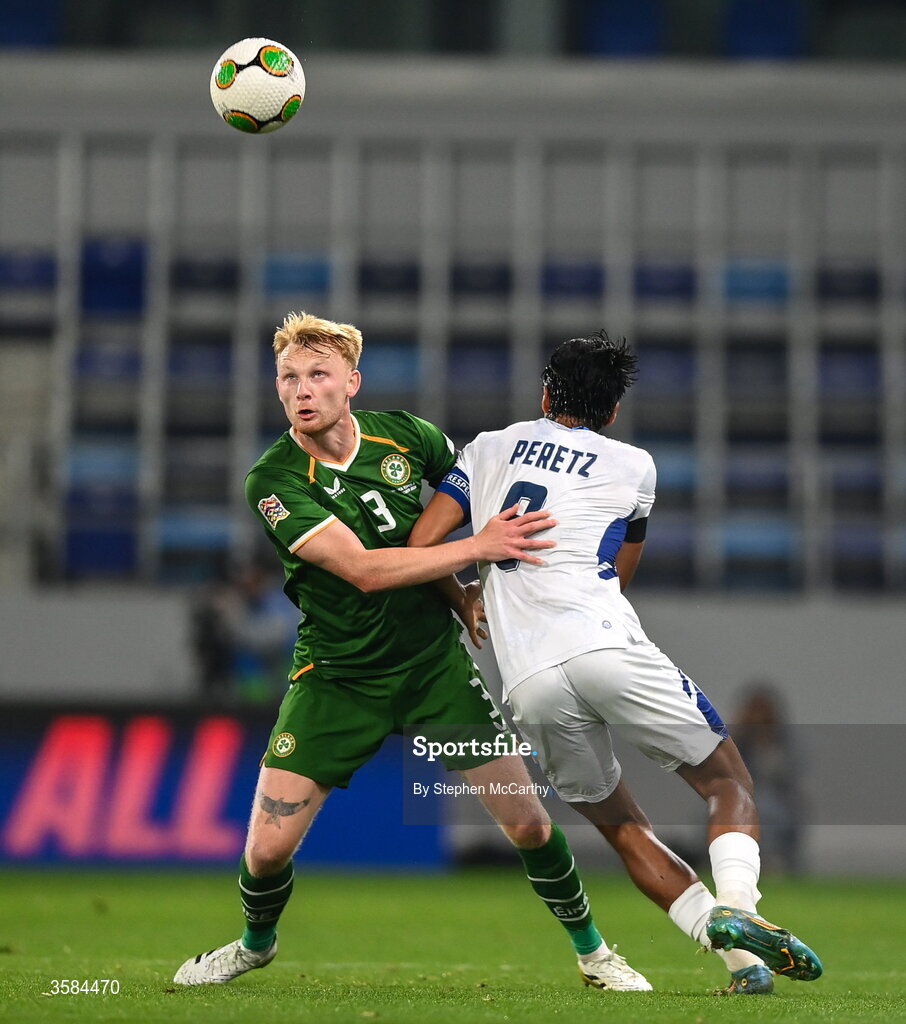 4 October 2026; Liam Scales of Republic of Ireland in action against Dor Peretz of Israel during the UEFA Nations League B match between the Republic of Ireland and Israel at TSC Arena in Backa Topola, Serbia. Photo by Stephen McCarthy/Sportsfile