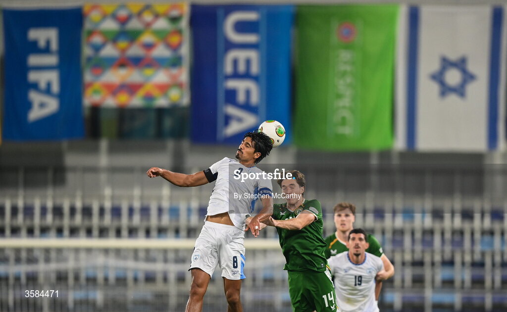 4 October 2026; Dor Peretz of Israel and Conor Coventry of Republic of Ireland contest a header during the UEFA Nations League B match between the Republic of Ireland and Israel at TSC Arena in Backa Topola, Serbia. Photo by Stephen McCarthy/Sportsfile