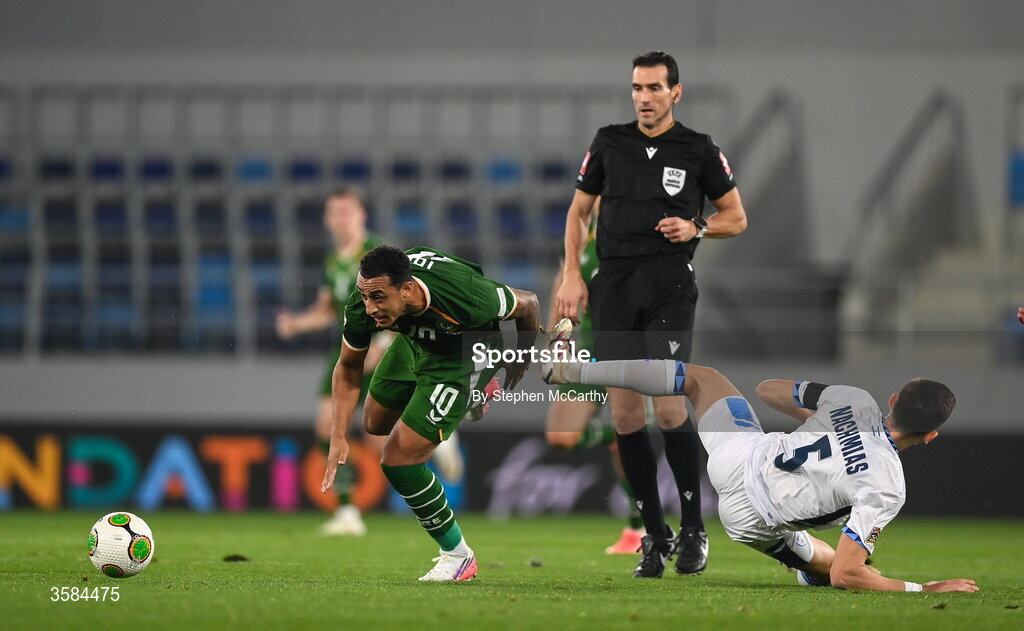4 October 2026; Adam Idah of Republic of Ireland is tackled by Idan Nachmias of Israel during the UEFA Nations League B match between the Republic of Ireland and Israel at TSC Arena in Backa Topola, Serbia. Photo by Stephen McCarthy/Sportsfile