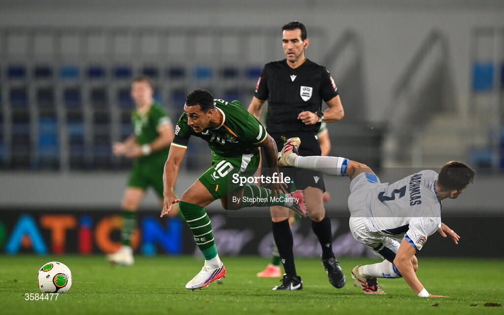 4 October 2026; Adam Idah of Republic of Ireland is tackled by Idan Nachmias of Israel during the UEFA Nations League B match between the Republic of Ireland and Israel at TSC Arena in Backa Topola, Serbia. Photo by Stephen McCarthy/Sportsfile
