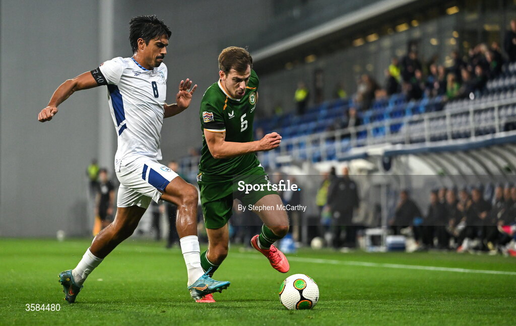 4 October 2026; Jayson Molumby of Republic of Ireland in action against Dor Peretz of Israel during the UEFA Nations League B match between the Republic of Ireland and Israel at TSC Arena in Backa Topola, Serbia. Photo by Stephen McCarthy/Sportsfile