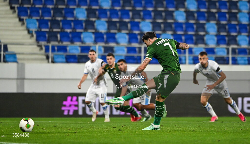 4 October 2026; Troy Parrott of Republic of Ireland scores his side's first goal, from a penalty, during the UEFA Nations League B match between the Republic of Ireland and Israel at TSC Arena in Backa Topola, Serbia. Photo by Stephen McCarthy/Sportsfile