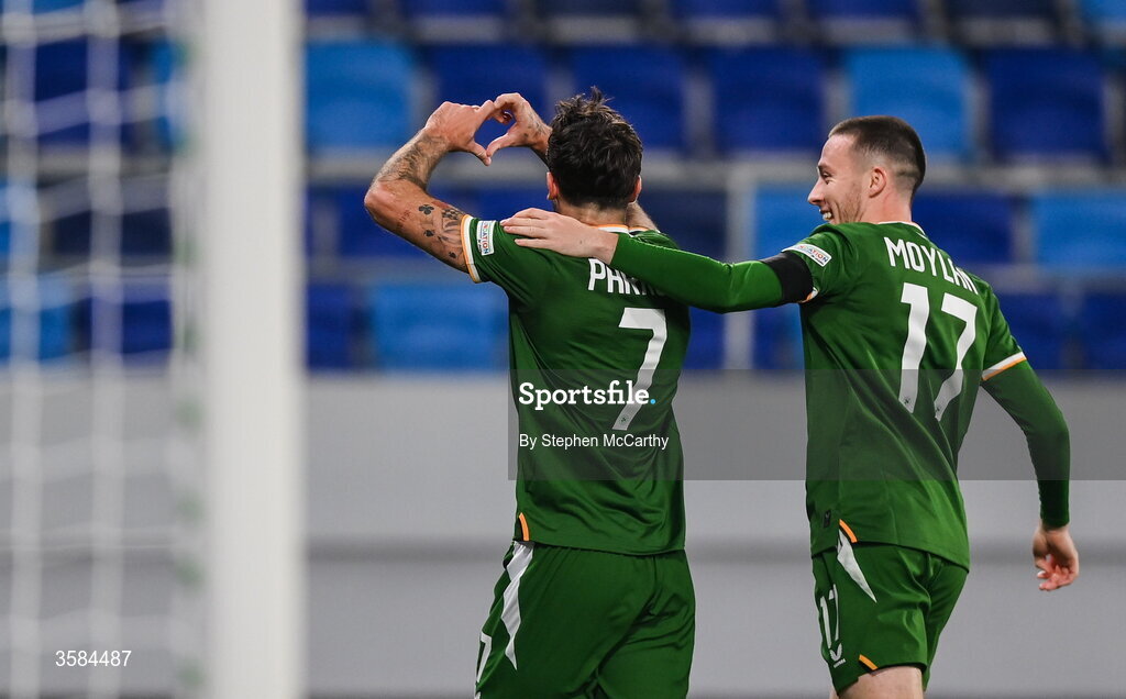 4 October 2026; Troy Parrott of Republic of Ireland , left, celebrates after scoring his side's first goal, from a penalty, during the UEFA Nations League B match between the Republic of Ireland and Israel at TSC Arena in Backa Topola, Serbia. Photo by Stephen McCarthy/Sportsfile