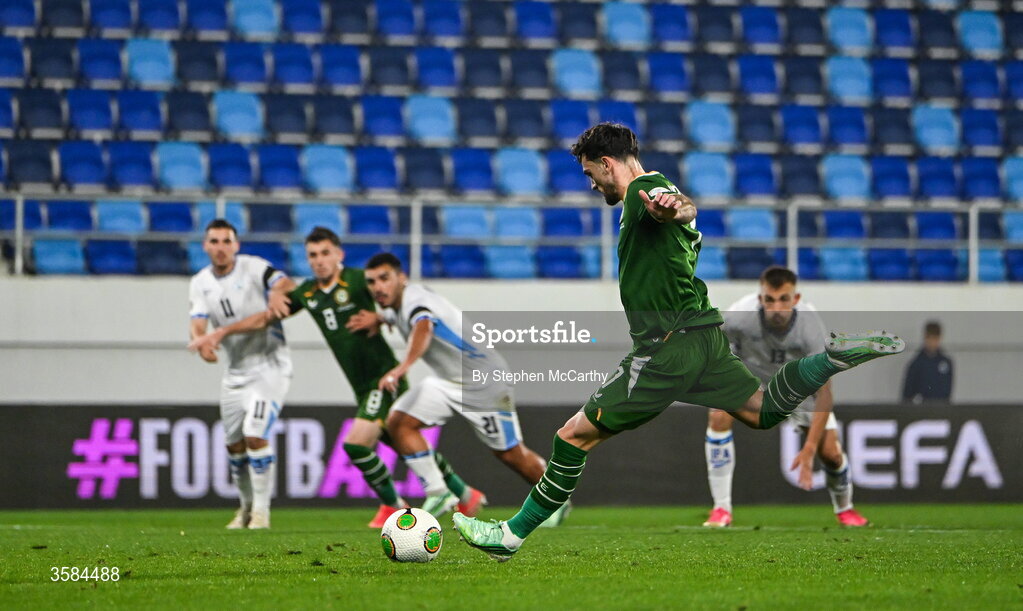 4 October 2026; Troy Parrott of Republic of Ireland scores his side's first goal, from a penalty, during the UEFA Nations League B match between the Republic of Ireland and Israel at TSC Arena in Backa Topola, Serbia. Photo by Stephen McCarthy/Sportsfile
