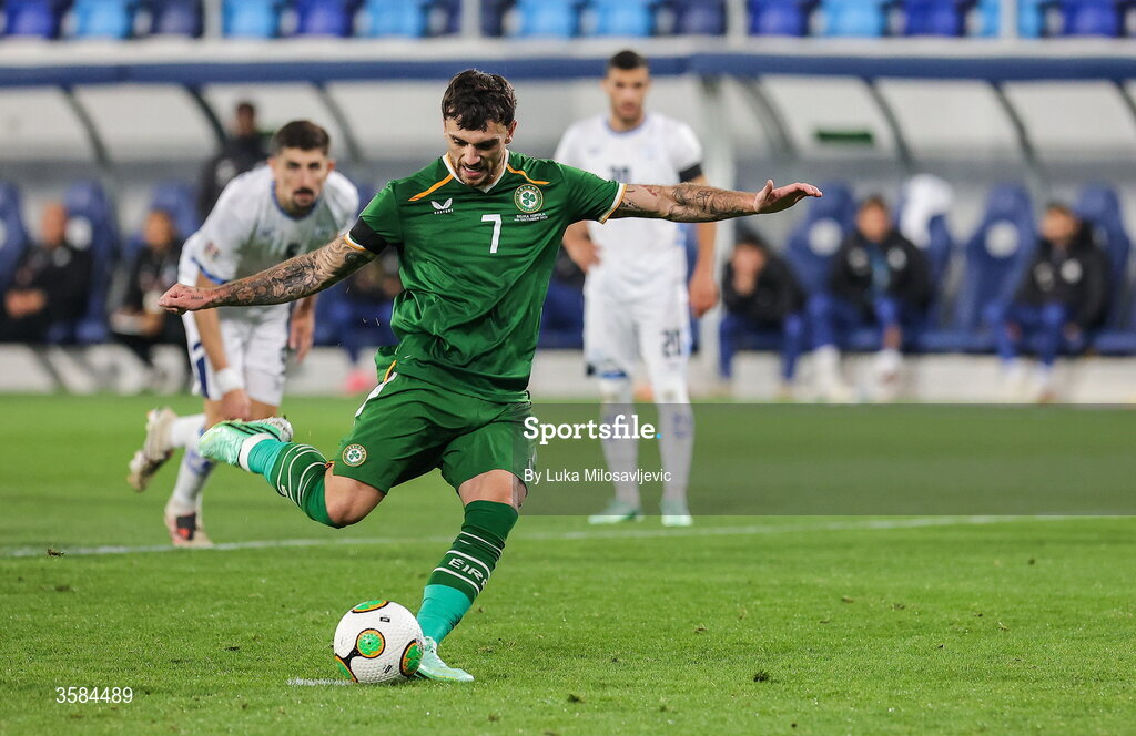 4 October 2026; Troy Parrott of Republic of Ireland scores his side's first goal, from a penalty, during the UEFA Nations League B match between the Republic of Ireland and Israel at TSC Arena in Backa Topola, Serbia. Photo by Luka Milosavljevic/Sportsfile