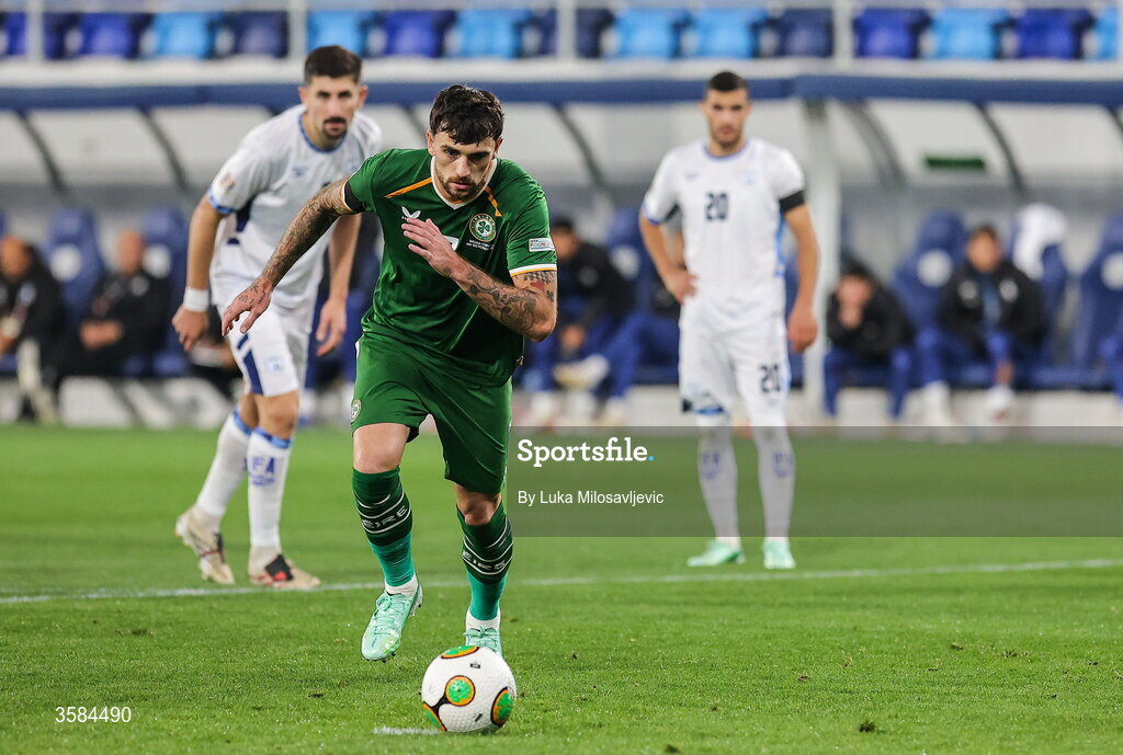 4 October 2026; Troy Parrott of Republic of Ireland scores his side's first goal, from a penalty, during the UEFA Nations League B match between the Republic of Ireland and Israel at TSC Arena in Backa Topola, Serbia. Photo by Luka Milosavljevic/Sportsfile
