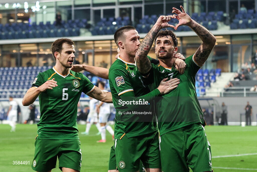 4 October 2026; Troy Parrott of Republic of Ireland celebrates with teammate Jack Moylan, left, after scoring their side's first goal during the UEFA Nations League B match between the Republic of Ireland and Israel at TSC Arena in Backa Topola, Serbia. Photo by Luka Milosavljevic/Sportsfile