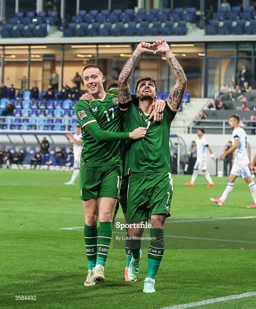 4 October 2026; Troy Parrott of Republic of Ireland celebrates with teammate Jack Moylan, left, after scoring their side's first goal during the UEFA Nations League B match between the Republic of Ireland and Israel at TSC Arena in Backa Topola, Serbia. Photo by Luka Milosavljevic/Sportsfile