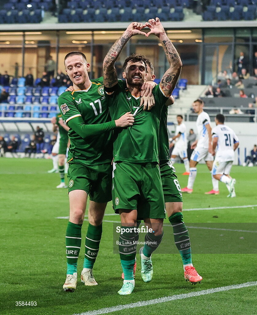 4 October 2026; Troy Parrott of Republic of Ireland celebrates with teammate Jack Moylan, left, after scoring their side's first goal during the UEFA Nations League B match between the Republic of Ireland and Israel at TSC Arena in Backa Topola, Serbia. Photo by Luka Milosavljevic/Sportsfile
