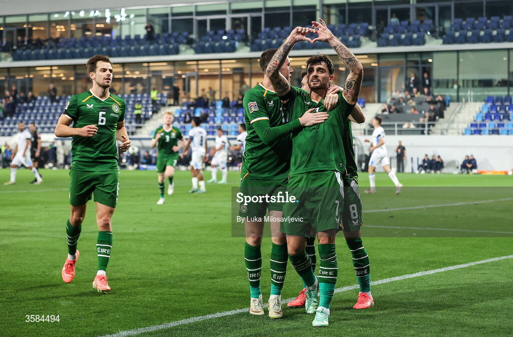 4 October 2026; Troy Parrott of Republic of Ireland celebrates with teammate Jack Moylan, left, after scoring their side's first goal during the UEFA Nations League B match between the Republic of Ireland and Israel at TSC Arena in Backa Topola, Serbia. Photo by Luka Milosavljevic/Sportsfile