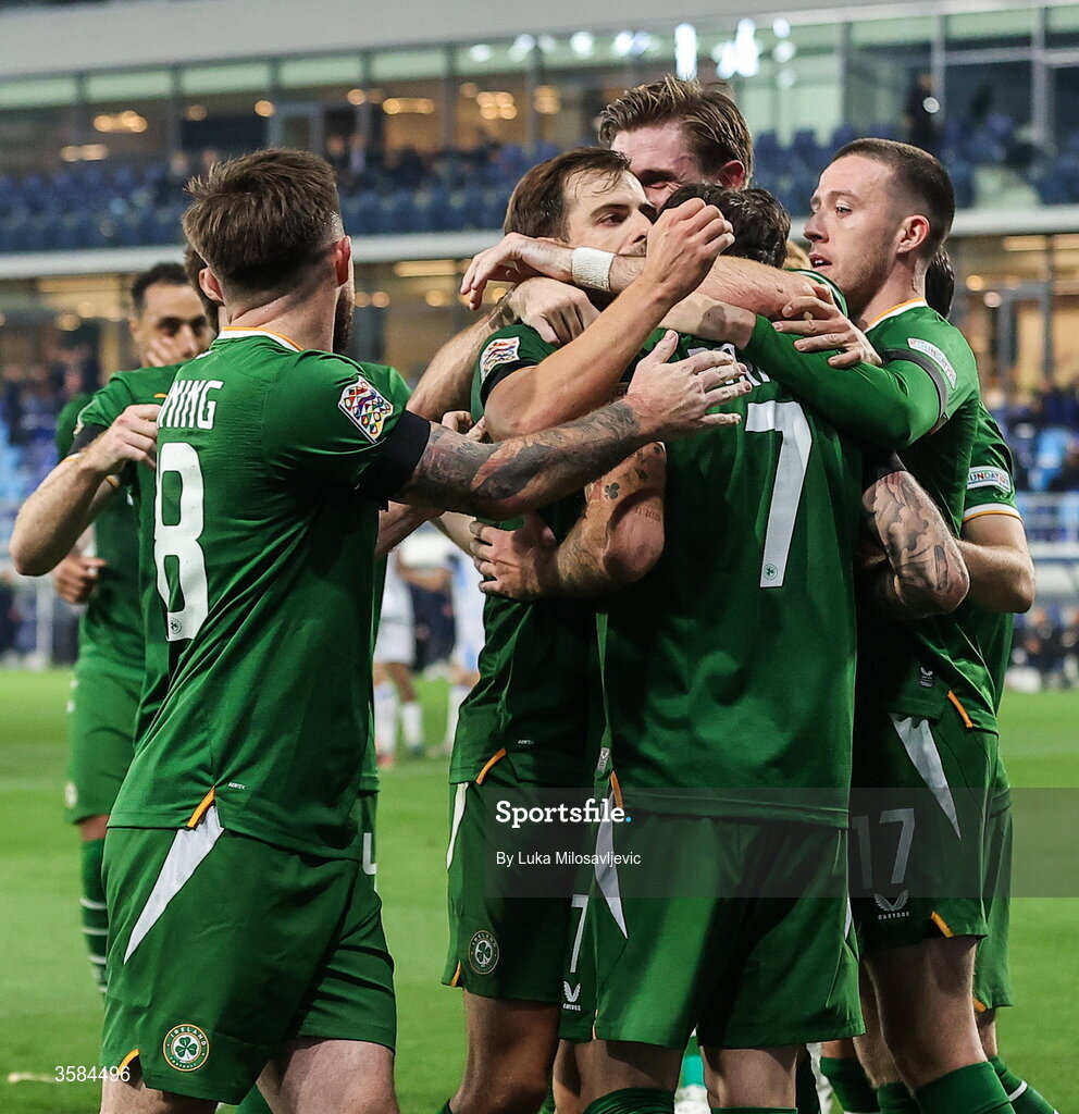 4 October 2026; Troy Parrott of Republic of Ireland, 7, celebrates with teammates after scoring their side's first goal during the UEFA Nations League B match between the Republic of Ireland and Israel at TSC Arena in Backa Topola, Serbia. Photo by Luka Milosavljevic/Sportsfile