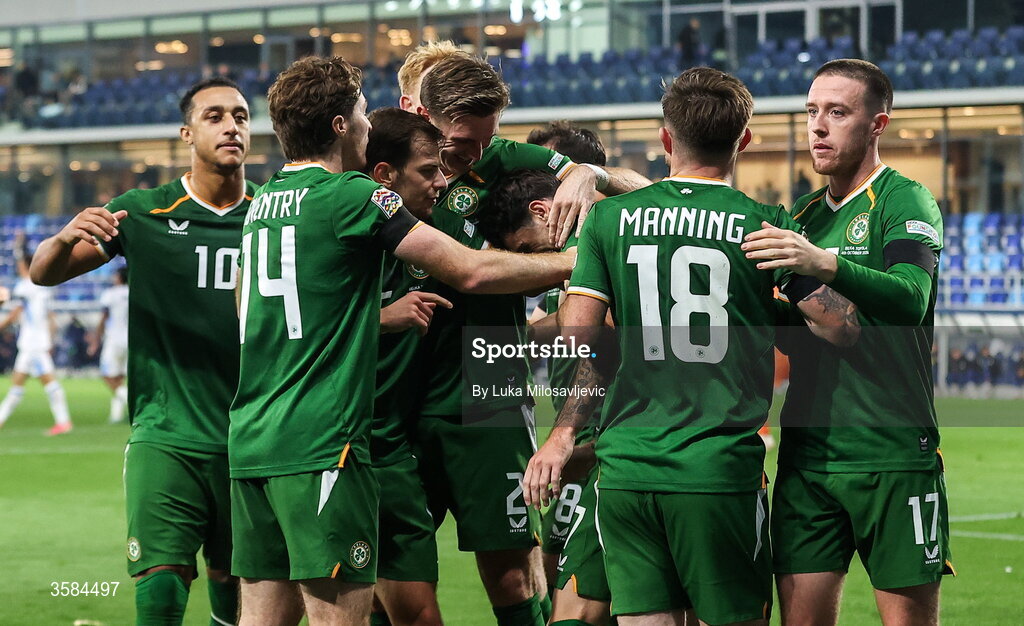 4 October 2026; Troy Parrott of Republic of Ireland, 7, celebrates with teammates after scoring their side's first goal during the UEFA Nations League B match between the Republic of Ireland and Israel at TSC Arena in Backa Topola, Serbia. Photo by Luka Milosavljevic/Sportsfile
