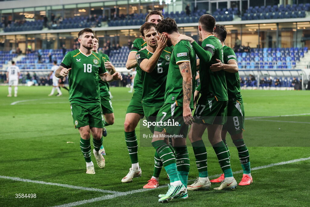 4 October 2026; Troy Parrott of Republic of Ireland, 7, celebrates with teammates after scoring their side's first goal during the UEFA Nations League B match between the Republic of Ireland and Israel at TSC Arena in Backa Topola, Serbia. Photo by Luka Milosavljevic/Sportsfile