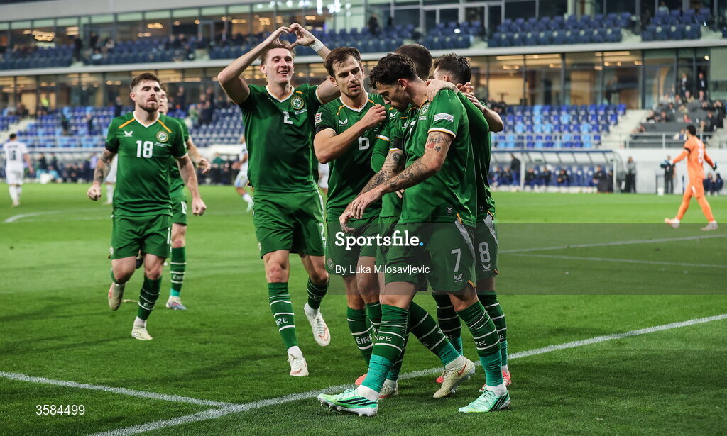 4 October 2026; Troy Parrott of Republic of Ireland, 7, celebrates with teammates after scoring their side's first goal during the UEFA Nations League B match between the Republic of Ireland and Israel at TSC Arena in Backa Topola, Serbia. Photo by Luka Milosavljevic/Sportsfile