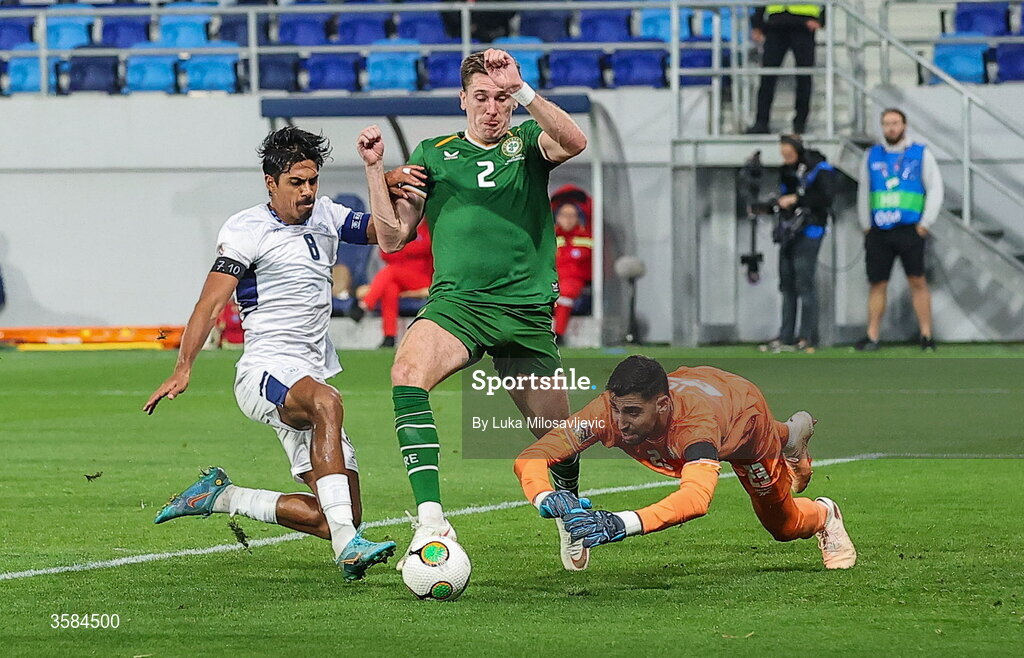 4 October 2026; Jimmy Dunne of Republic of Ireland is fouled by Dor Peretz of Israel, resulting in a penalty for the Republic of Ireland, during the UEFA Nations League B match between the Republic of Ireland and Israel at TSC Arena in Backa Topola, Serbia. Photo by Luka Milosavljevic/Sportsfile