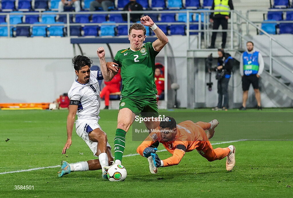 4 October 2026; Jimmy Dunne of Republic of Ireland is fouled by Dor Peretz of Israel, resulting in a penalty for the Republic of Ireland, during the UEFA Nations League B match between the Republic of Ireland and Israel at TSC Arena in Backa Topola, Serbia. Photo by Luka Milosavljevic/Sportsfile