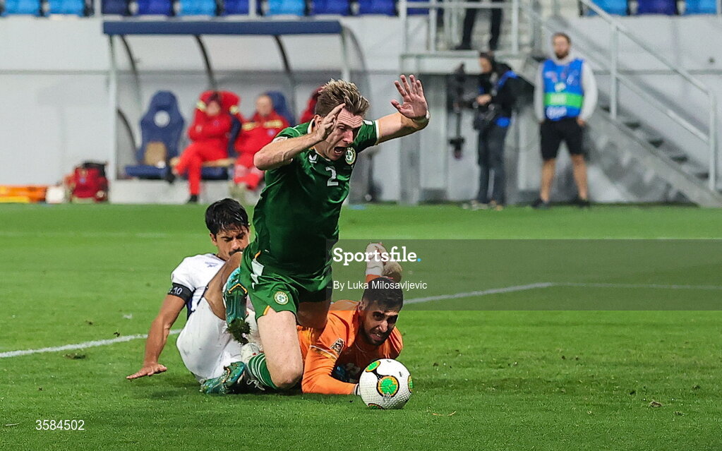 4 October 2026; Jimmy Dunne of Republic of Ireland is fouled by Dor Peretz of Israel, resulting in a penalty for the Republic of Ireland, during the UEFA Nations League B match between the Republic of Ireland and Israel at TSC Arena in Backa Topola, Serbia. Photo by Luka Milosavljevic/Sportsfile