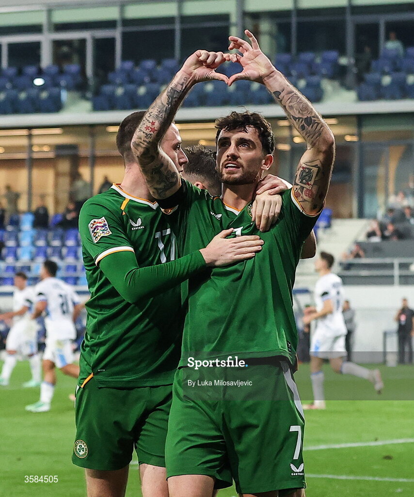 4 October 2026; Troy Parrott of Republic of Ireland celebrates with teammate Jack Moylan, left, after scoring their side's first goal during the UEFA Nations League B match between the Republic of Ireland and Israel at TSC Arena in Backa Topola, Serbia. Photo by Luka Milosavljevic/Sportsfile