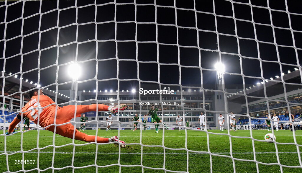 4 October 2026; Yarden Shua of Israel scores his side's first goal, from a penalty, during the UEFA Nations League B match between the Republic of Ireland and Israel at TSC Arena in Backa Topola, Serbia. Photo by Stephen McCarthy/Sportsfile