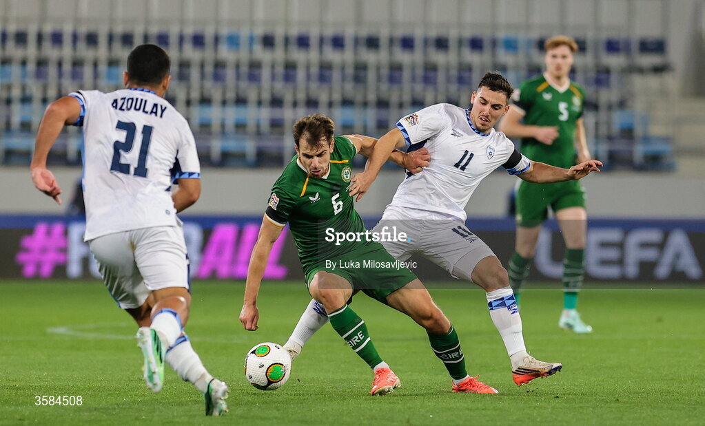 4 October 2026; Jayson Molumby of Republic of Ireland in action against Oscar Gloukh of Israel during the UEFA Nations League B match between the Republic of Ireland and Israel at TSC Arena in Backa Topola, Serbia. Photo by Luka Milosavljevic/Sportsfile