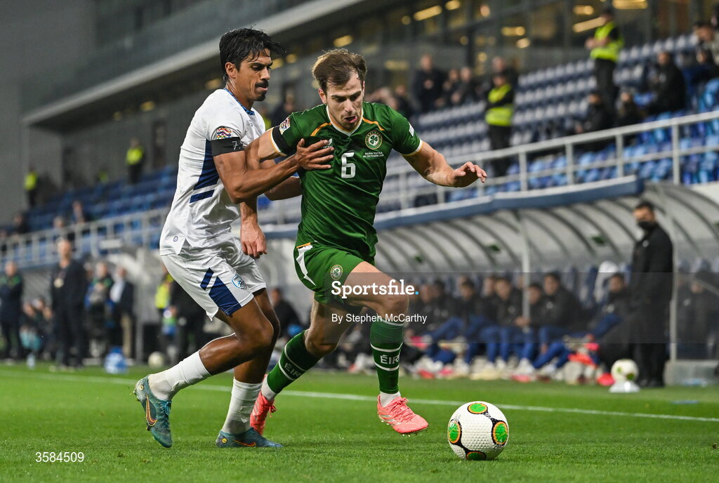 4 October 2026; Jayson Molumby of Republic of Ireland in action against Dor Peretz of Israel during the UEFA Nations League B match between the Republic of Ireland and Israel at TSC Arena in Backa Topola, Serbia. Photo by Stephen McCarthy/Sportsfile