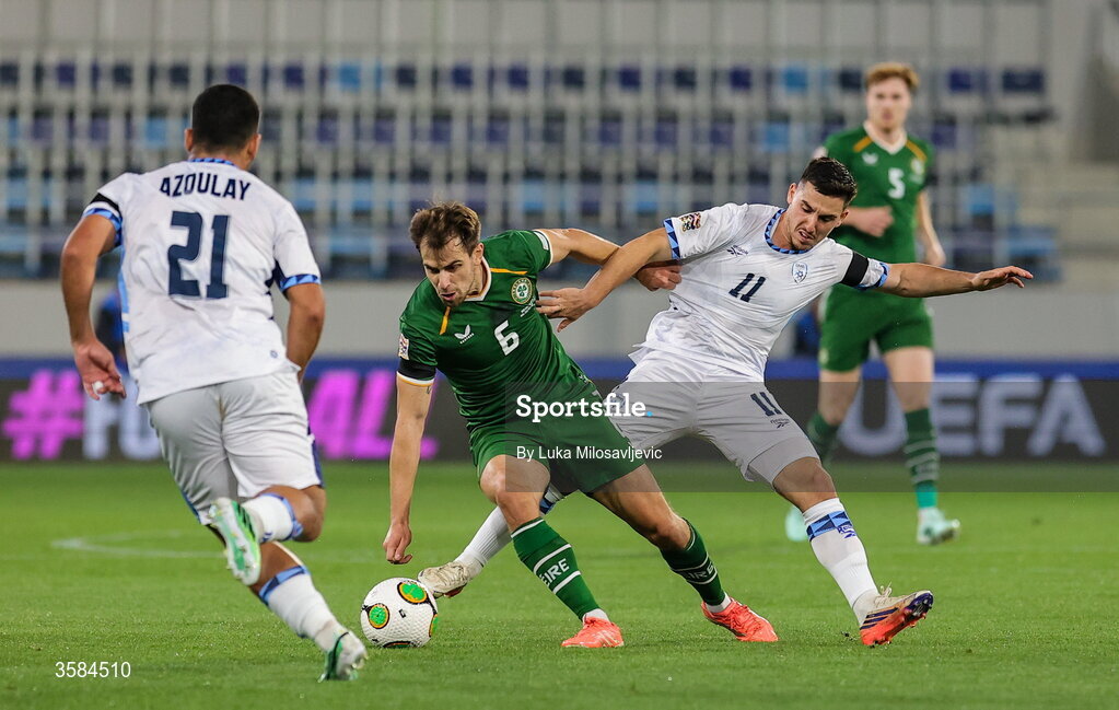 4 October 2026; Jayson Molumby of Republic of Ireland in action against Oscar Gloukh of Israel during the UEFA Nations League B match between the Republic of Ireland and Israel at TSC Arena in Backa Topola, Serbia. Photo by Luka Milosavljevic/Sportsfile