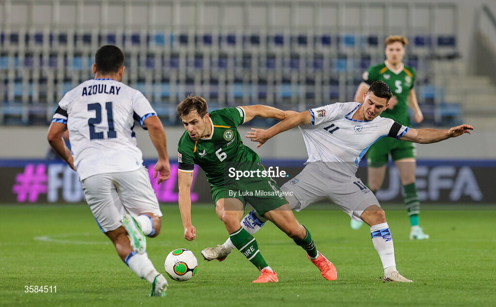 4 October 2026; Jayson Molumby of Republic of Ireland in action against Oscar Gloukh of Israel during the UEFA Nations League B match between the Republic of Ireland and Israel at TSC Arena in Backa Topola, Serbia. Photo by Luka Milosavljevic/Sportsfile