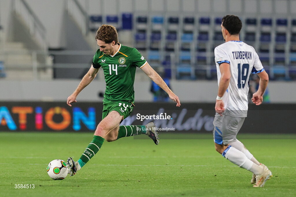 4 October 2026; Conor Coventry of Republic of Ireland in action against Dor Turgeman of Israel during the UEFA Nations League B match between the Republic of Ireland and Israel at TSC Arena in Backa Topola, Serbia. Photo by Luka Milosavljevic/Sportsfile