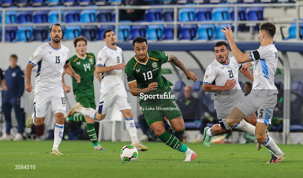 4 October 2026; Adam Idah of Republic of Ireland is tackled by Idan Nachmias of Israel during the UEFA Nations League B match between the Republic of Ireland and Israel at TSC Arena in Backa Topola, Serbia. Photo by Luka Milosavljevic/Sportsfile