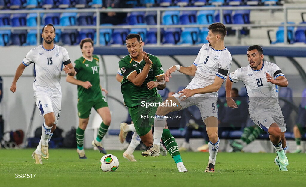 4 October 2026; Adam Idah of Republic of Ireland is tackled by Idan Nachmias of Israel during the UEFA Nations League B match between the Republic of Ireland and Israel at TSC Arena in Backa Topola, Serbia. Photo by Luka Milosavljevic/Sportsfile