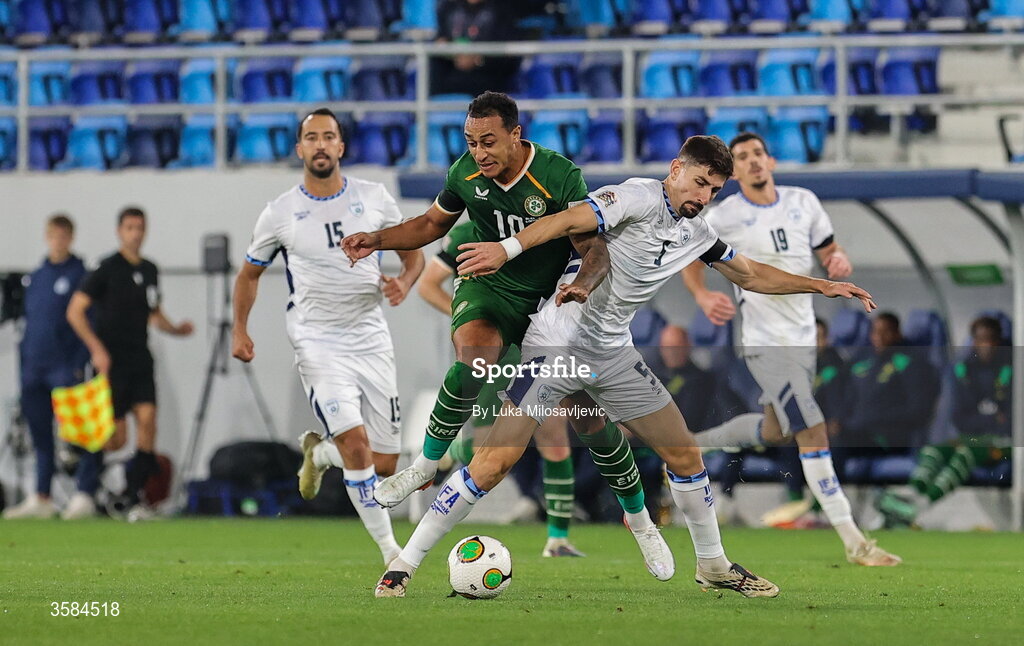 4 October 2026; Adam Idah of Republic of Ireland is tackled by Idan Nachmias of Israel during the UEFA Nations League B match between the Republic of Ireland and Israel at TSC Arena in Backa Topola, Serbia. Photo by Luka Milosavljevic/Sportsfile