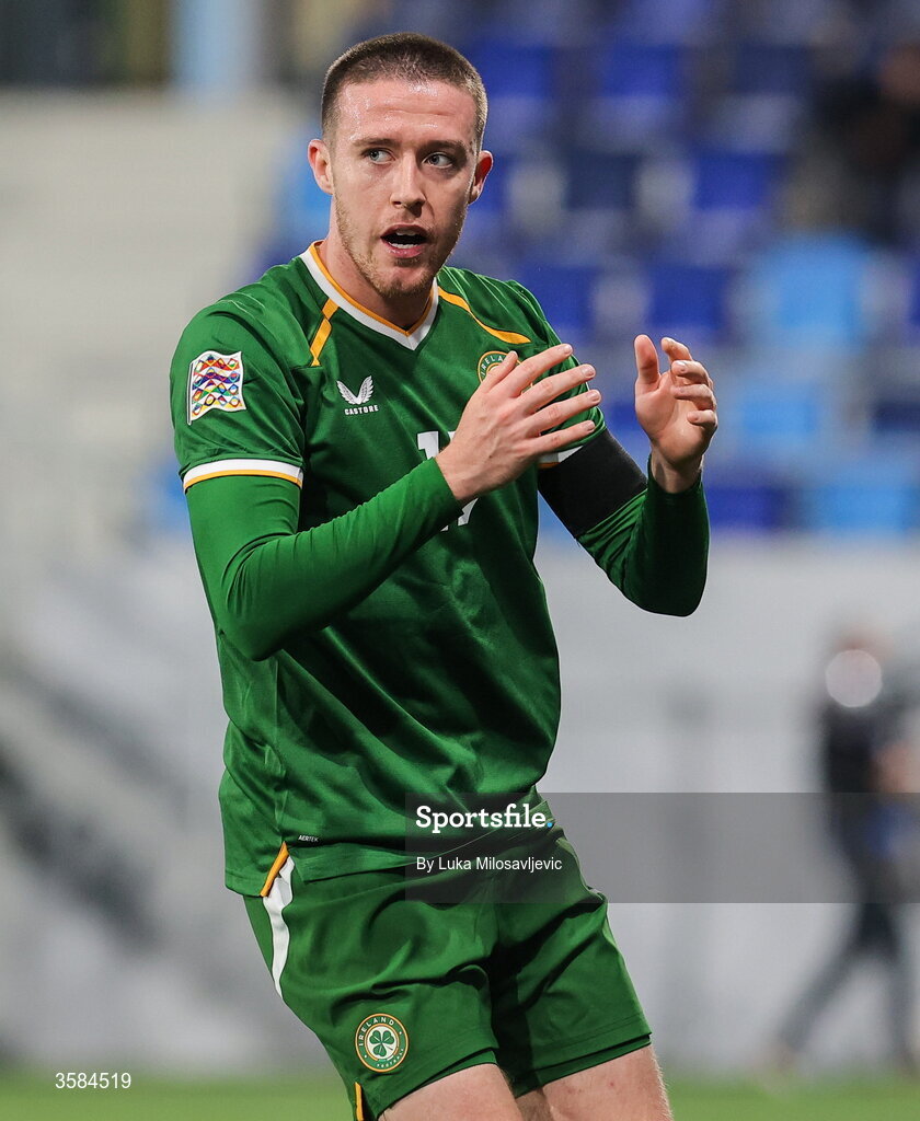 4 October 2026; Jack Moylan of Republic of Ireland reacts to a missed chance during the UEFA Nations League B match between the Republic of Ireland and Israel at TSC Arena in Backa Topola, Serbia. Photo by Luka Milosavljevic/Sportsfile