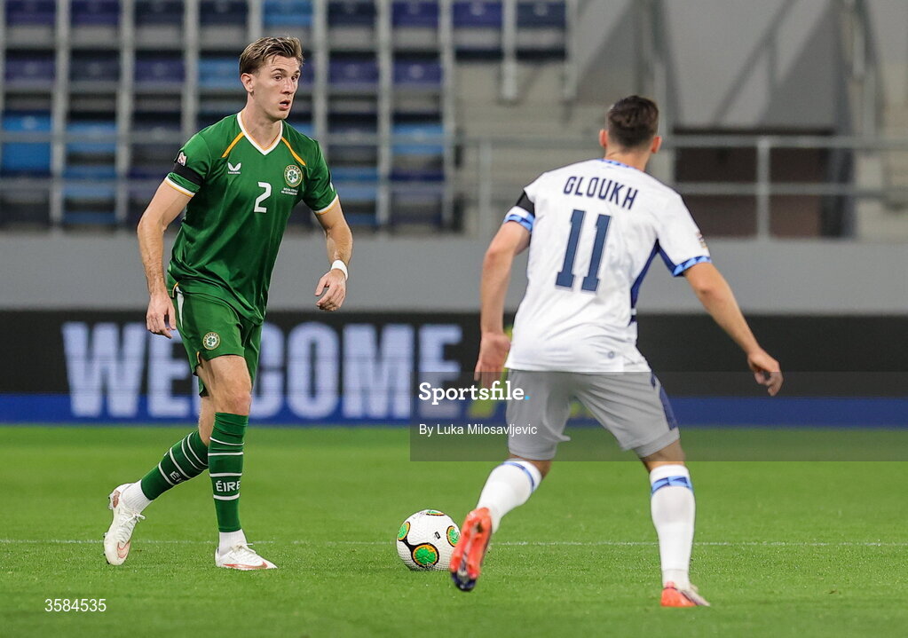 4 October 2026; Jimmy Dunne of Republic of Ireland in action against Oscar Gloukh of Israel during the UEFA Nations League B match between the Republic of Ireland and Israel at TSC Arena in Backa Topola, Serbia. Photo by Luka Milosavljevic/Sportsfile