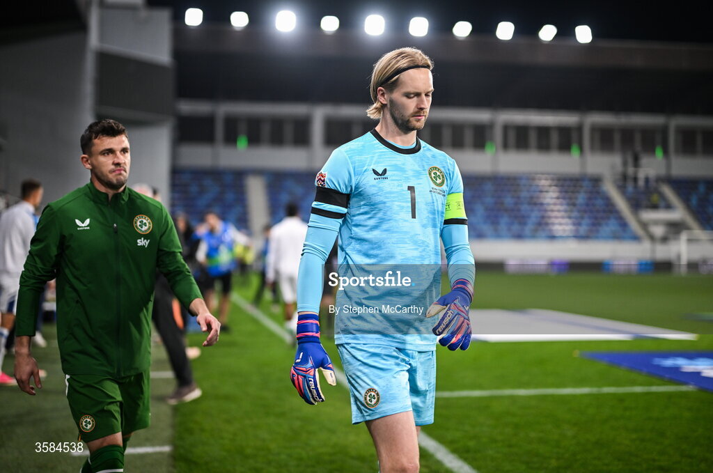 4 October 2026; Republic of Ireland captain Caoimhín Kelleher leads his team onto the pitch before the UEFA Nations League B match between the Republic of Ireland and Israel at TSC Arena in Backa Topola, Serbia. Photo by Stephen McCarthy/Sportsfile