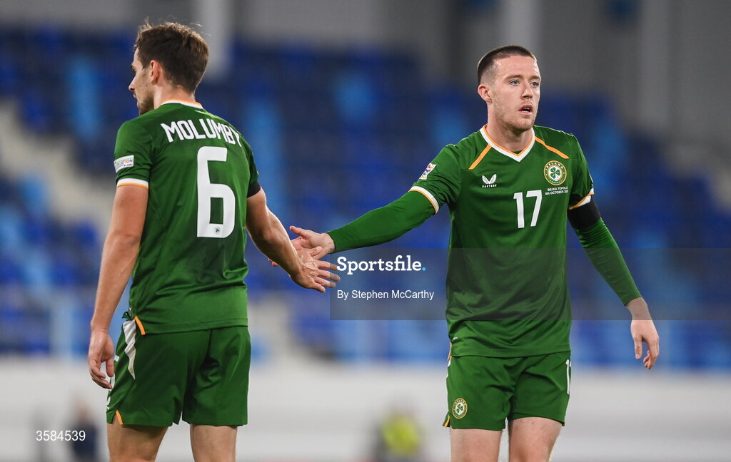 4 October 2026; Jack Moylan, right, and Jayson Molumby of Republic of Ireland during the UEFA Nations League B match between the Republic of Ireland and Israel at TSC Arena in Backa Topola, Serbia. Photo by Stephen McCarthy/Sportsfile