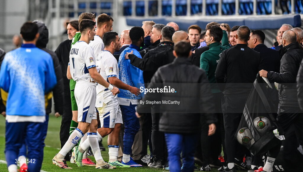 4 October 2026; Players and officials tussle as the teams leave the pitch at half-time in the UEFA Nations League B match between the Republic of Ireland and Israel at TSC Arena in Backa Topola, Serbia. Photo by Stephen McCarthy/Sportsfile