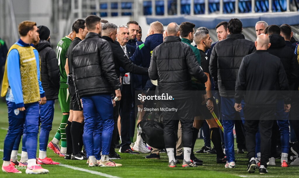 4 October 2026; Players and officials tussle as the teams leave the pitch at half-time in the UEFA Nations League B match between the Republic of Ireland and Israel at TSC Arena in Backa Topola, Serbia. Photo by Stephen McCarthy/Sportsfile
