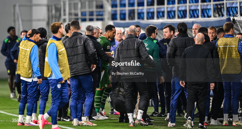 4 October 2026; Adam Idah of Republic of Ireland leaves the pitch at half-time amid tussles between officials and players during the UEFA Nations League B match between the Republic of Ireland and Israel at TSC Arena in Backa Topola, Serbia. Photo by Stephen McCarthy/Sportsfile