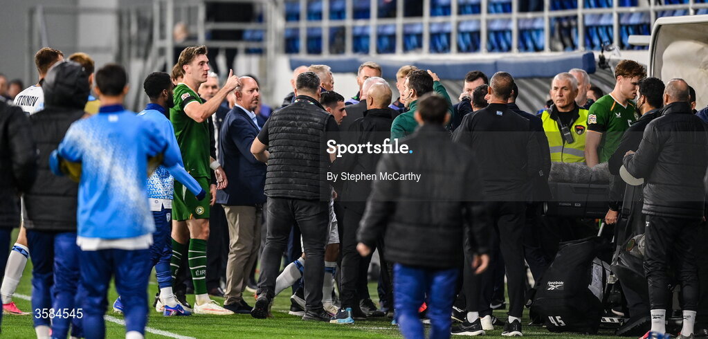 4 October 2026; Players and officials tussle as the teams leave the pitch at half-time in the UEFA Nations League B match between the Republic of Ireland and Israel at TSC Arena in Backa Topola, Serbia. Photo by Stephen McCarthy/Sportsfile