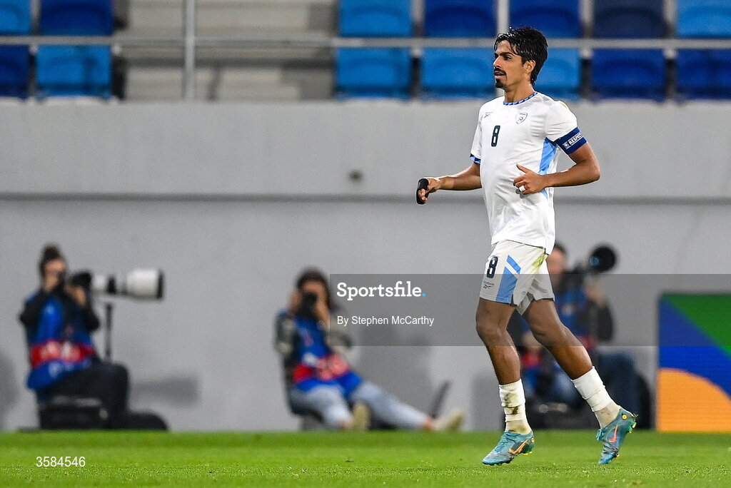 4 October 2026; Dor Peretz of Israel celebrates after scoring his side's first goal during the UEFA Nations League B match between the Republic of Ireland and Israel at TSC Arena in Backa Topola, Serbia. Photo by Stephen McCarthy/Sportsfile
