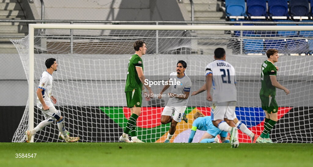 4 October 2026; Dor Peretz of Israel, 8, celebrates after scoring his side's first goal during the UEFA Nations League B match between the Republic of Ireland and Israel at TSC Arena in Backa Topola, Serbia. Photo by Stephen McCarthy/Sportsfile