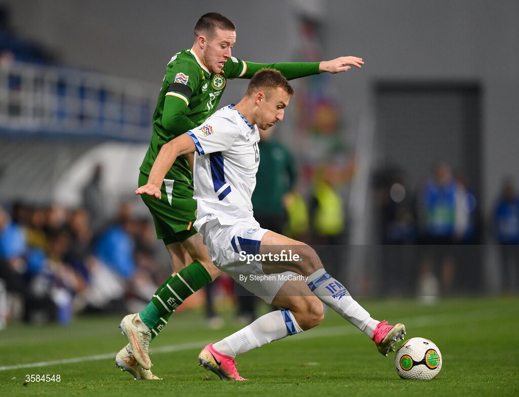 4 October 2026; Nikita Stoinov of Israel is tackled by Jack Moylan of Republic of Ireland during the UEFA Nations League B match between the Republic of Ireland and Israel at TSC Arena in Backa Topola, Serbia. Photo by Stephen McCarthy/Sportsfile