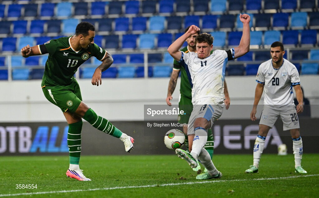 4 October 2026; Adam Idah of Republic of Ireland has a shot blocked by Ilay Feingold of Israel during the UEFA Nations League B match between the Republic of Ireland and Israel at TSC Arena in Backa Topola, Serbia. Photo by Stephen McCarthy/Sportsfile