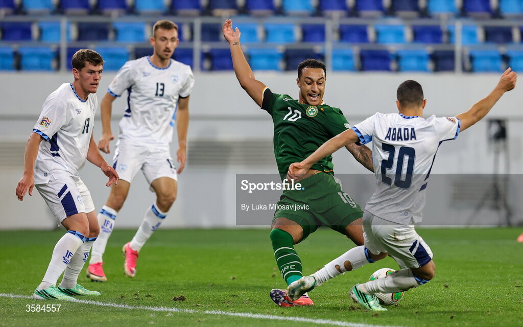 4 October 2026; Adam Idah of Republic of Ireland in action against Liel Abada of Israel during the UEFA Nations League B match between the Republic of Ireland and Israel at TSC Arena in Backa Topola, Serbia. Photo by Luka Milosavljevic/Sportsfile