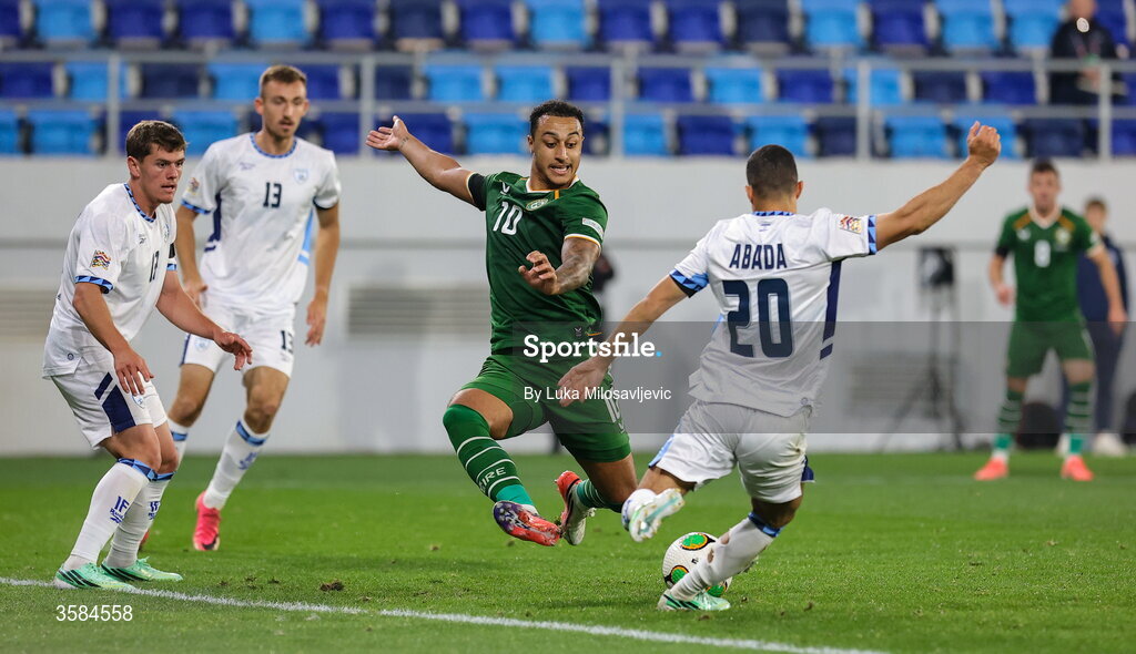 4 October 2026; Adam Idah of Republic of Ireland in action against Liel Abada of Israel during the UEFA Nations League B match between the Republic of Ireland and Israel at TSC Arena in Backa Topola, Serbia. Photo by Luka Milosavljevic/Sportsfile